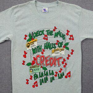 Vintage 90s Christmas T-Shirt Size Small Deck‎ The Malls Credit Card Funny Tee